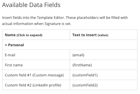 data placeholders for email signature setting