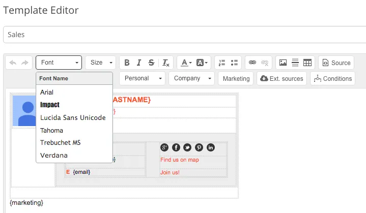 temaplate editor in email manager tool