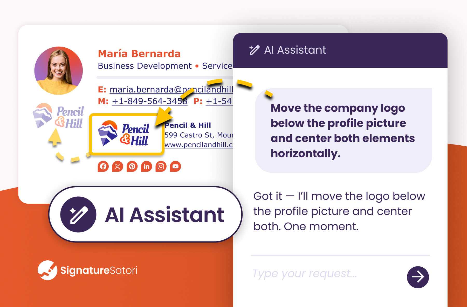 AI-email-signature-generator-text-based-editing AI email signature generator feature showing layout adjustment by text-based command.
