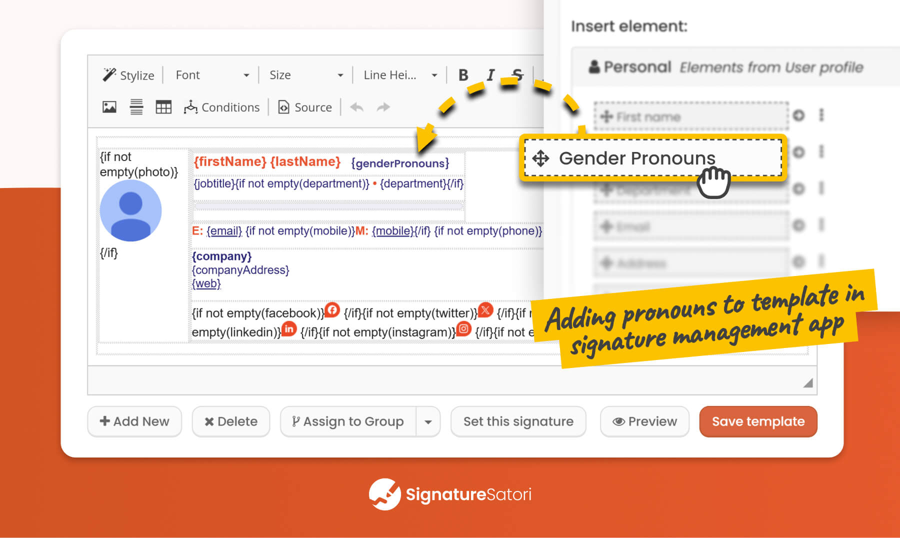 Adding-pronouns-to-email-signature-via-signature-management-app Adding gender pronouns to an email signature template using a signature management tool