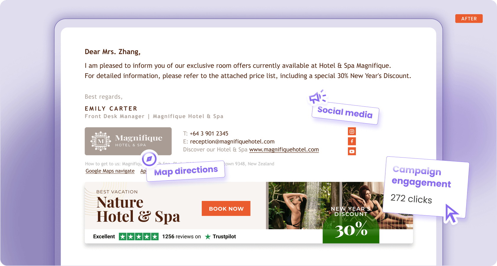 Email signature showcasing a banner, map links, social media links, and other typical signature information, built with an HTML email signature generator.