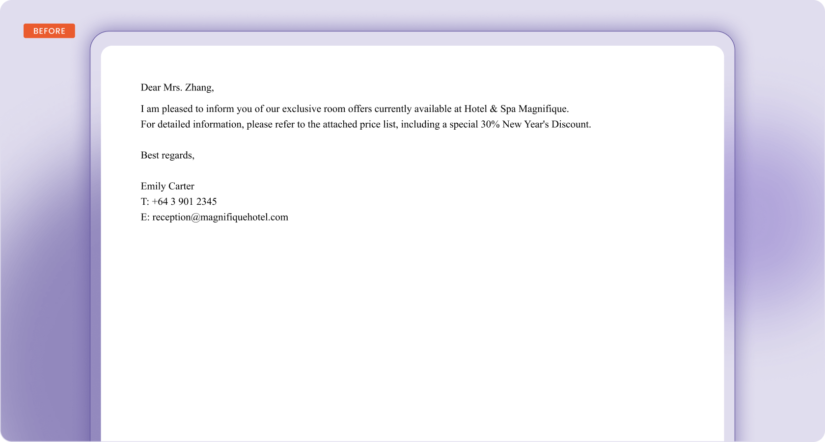 Unbranded email without a professional email signature.