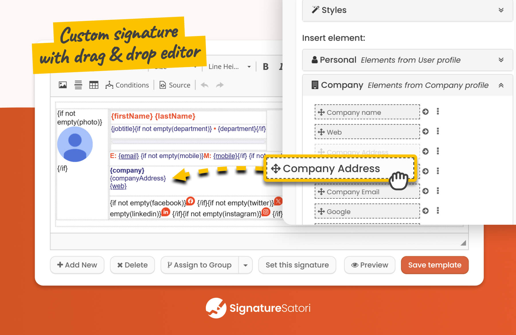 Creative-custom-email-signature-in-SignatureSatori-generator Creative custom email signature built using drag & drop editor in SignatureSatori generator.