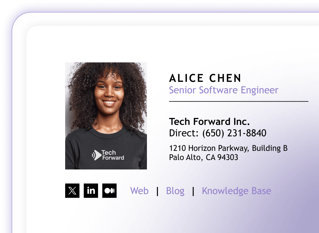 Email signature created in SignatureSatori, an email signature generator, featuring clickable icons and links to company resources.