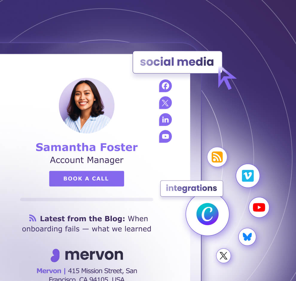 Example of an email signature with social media icons and third-party integrations like YouTube and RSS, created in SignatureSatori, an HTML email signature generator.