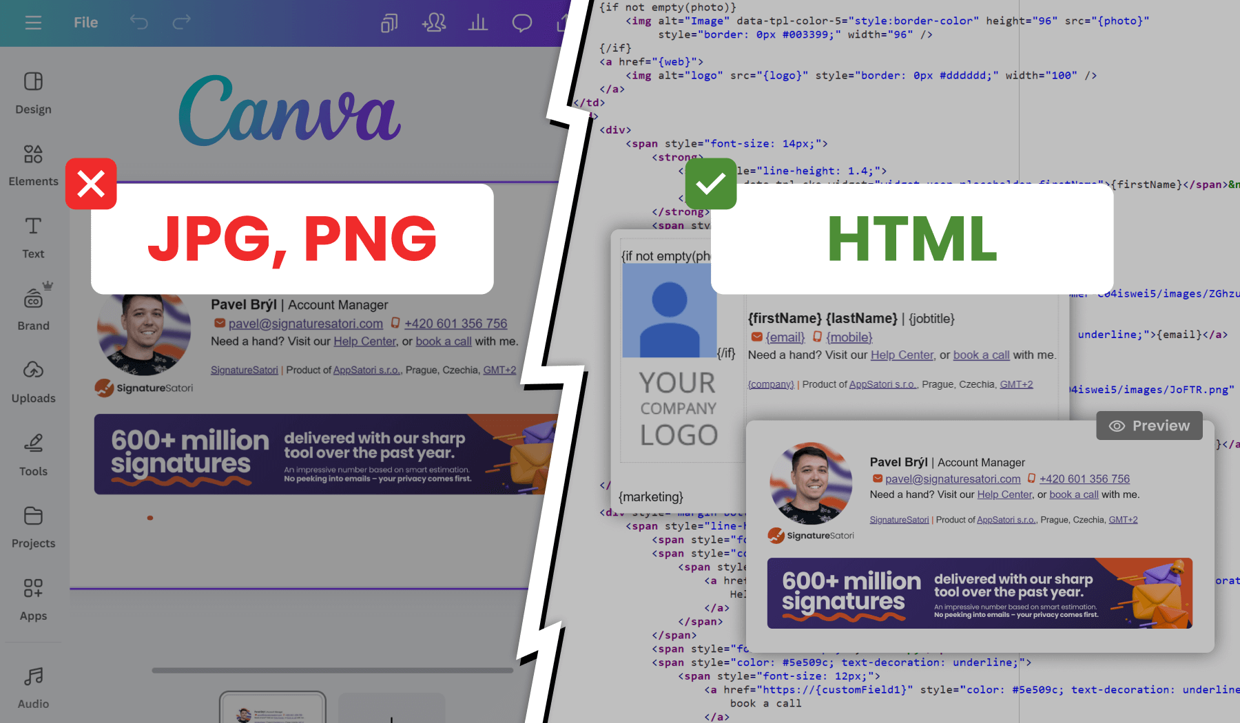 HTML email signatures are better than JPG/PNG, as shown in this example.