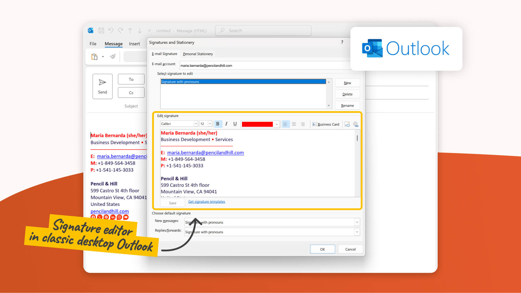 How-to-add-pronouns-to-Classic-Outlook-app-signature-box-editor Classic Outlook desktop signature editor with gender pronouns added to an email signature