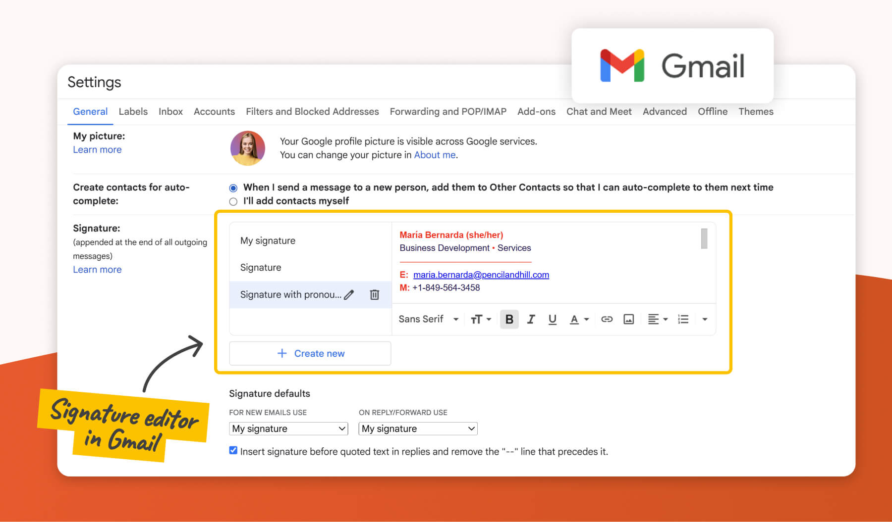 How-to-remove-pronouns-from-Gmail Gmail signature settings window showing a sample email signature with pronouns that can be edited or removed.