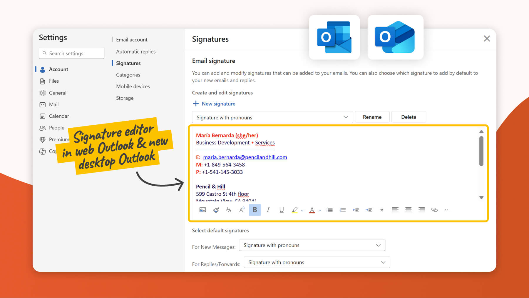 How-to-remove-pronouns-from-New-Outlook-app-and-Outlook-on-web Signature editor in the new Outlook desktop app and Outlook on the web with visible pronouns in the signature.