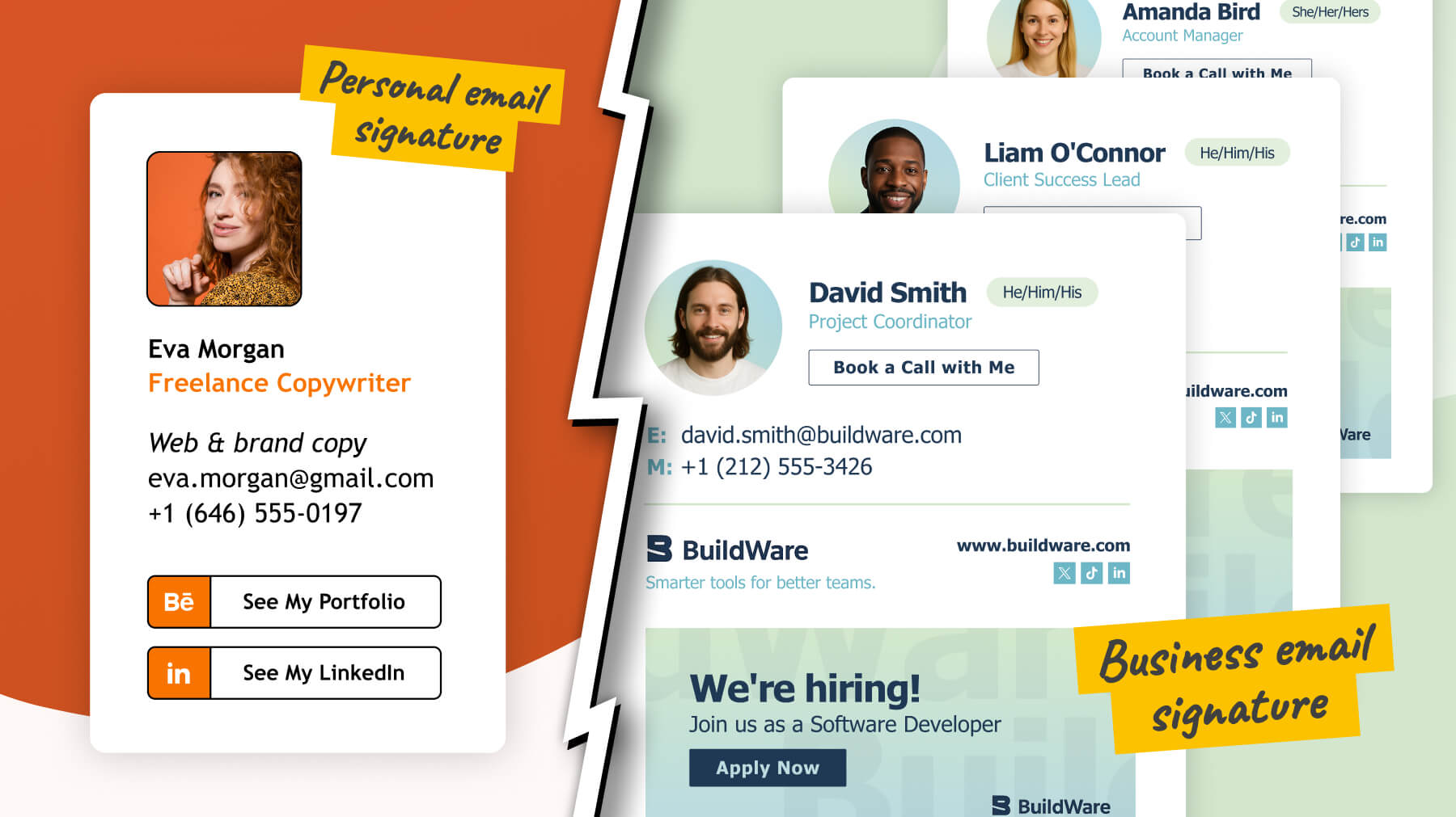 Personal-email-signature-generator-vs-business-email-signature-generator Side-by-side comparison of a personal email signature and a business email signature for professional use, created using an email signature generator.