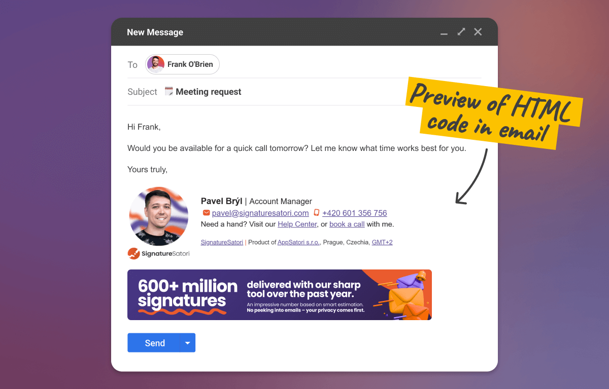 Meeting request email with HTML email signature generator preview.