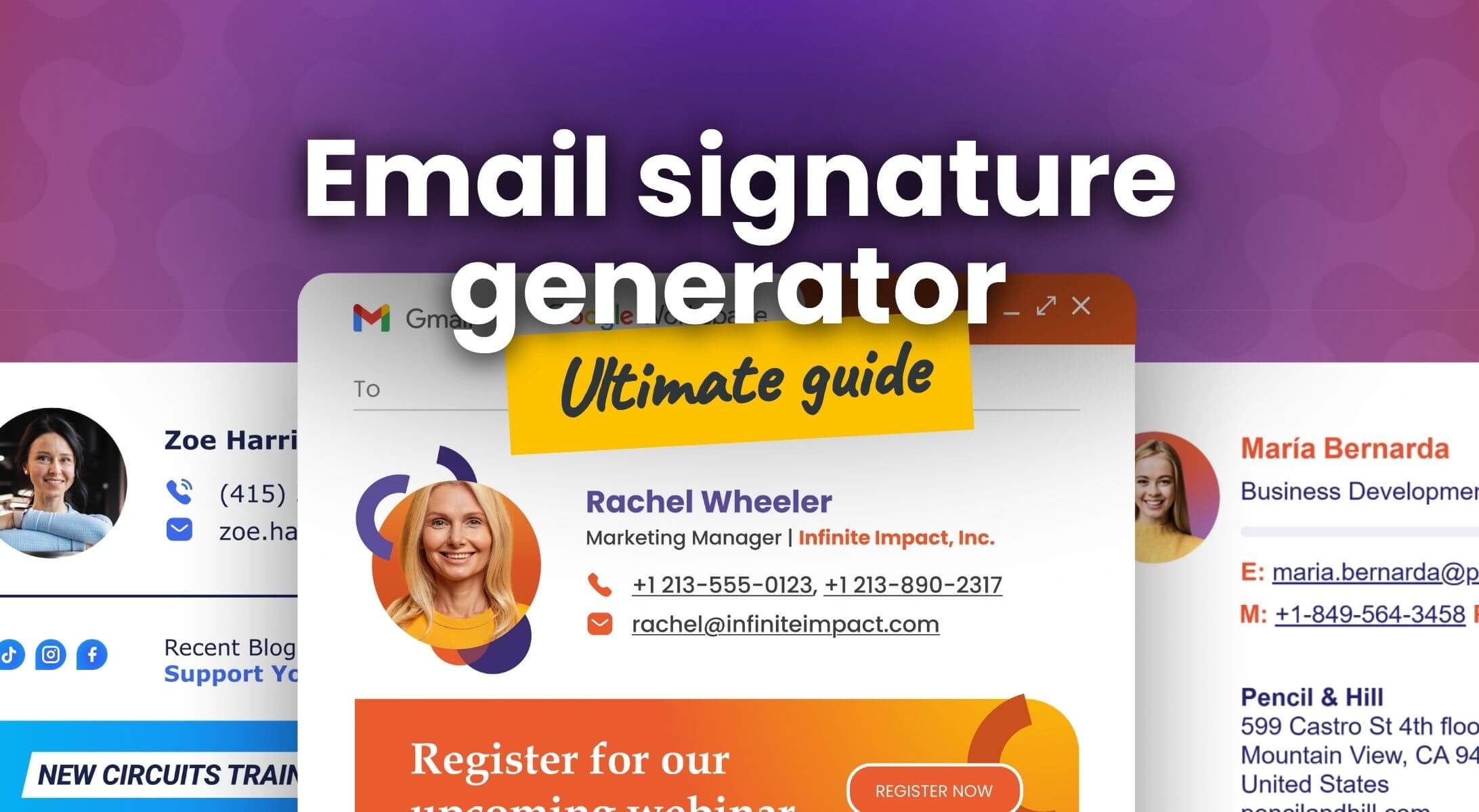 Preview of three cool email signatures created using an email signature generator.