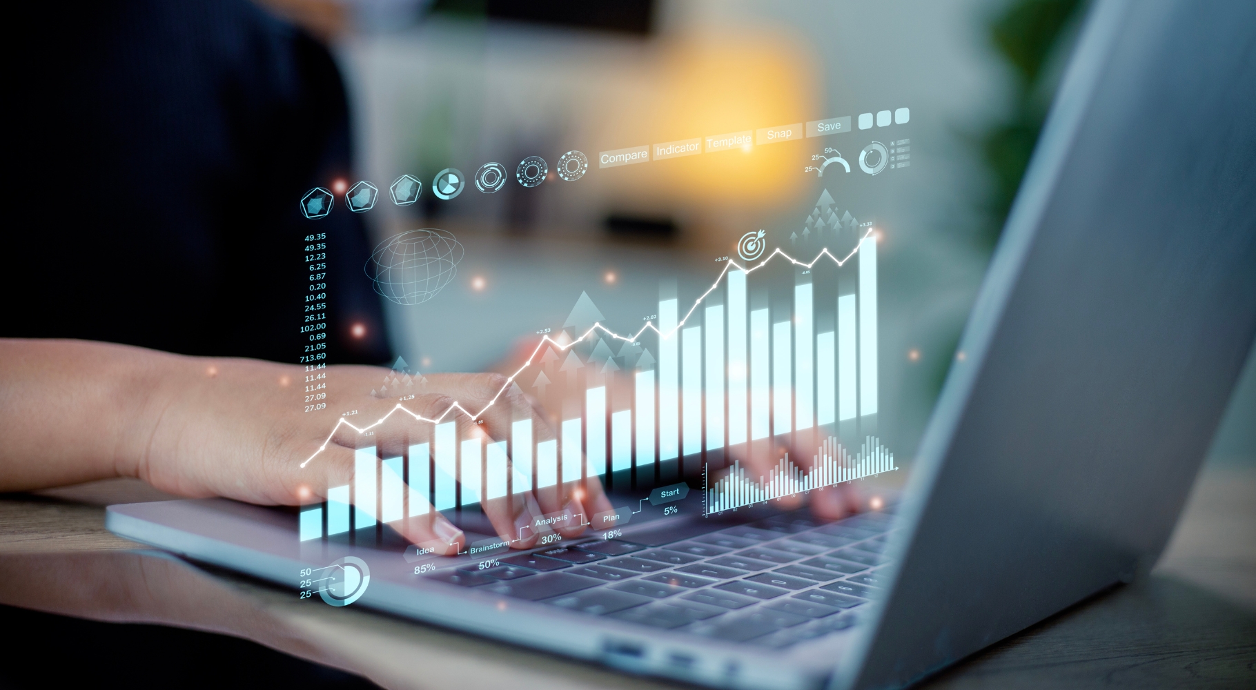 Person using AI tools to analyze data on a laptop with a holographic projection of graphs.