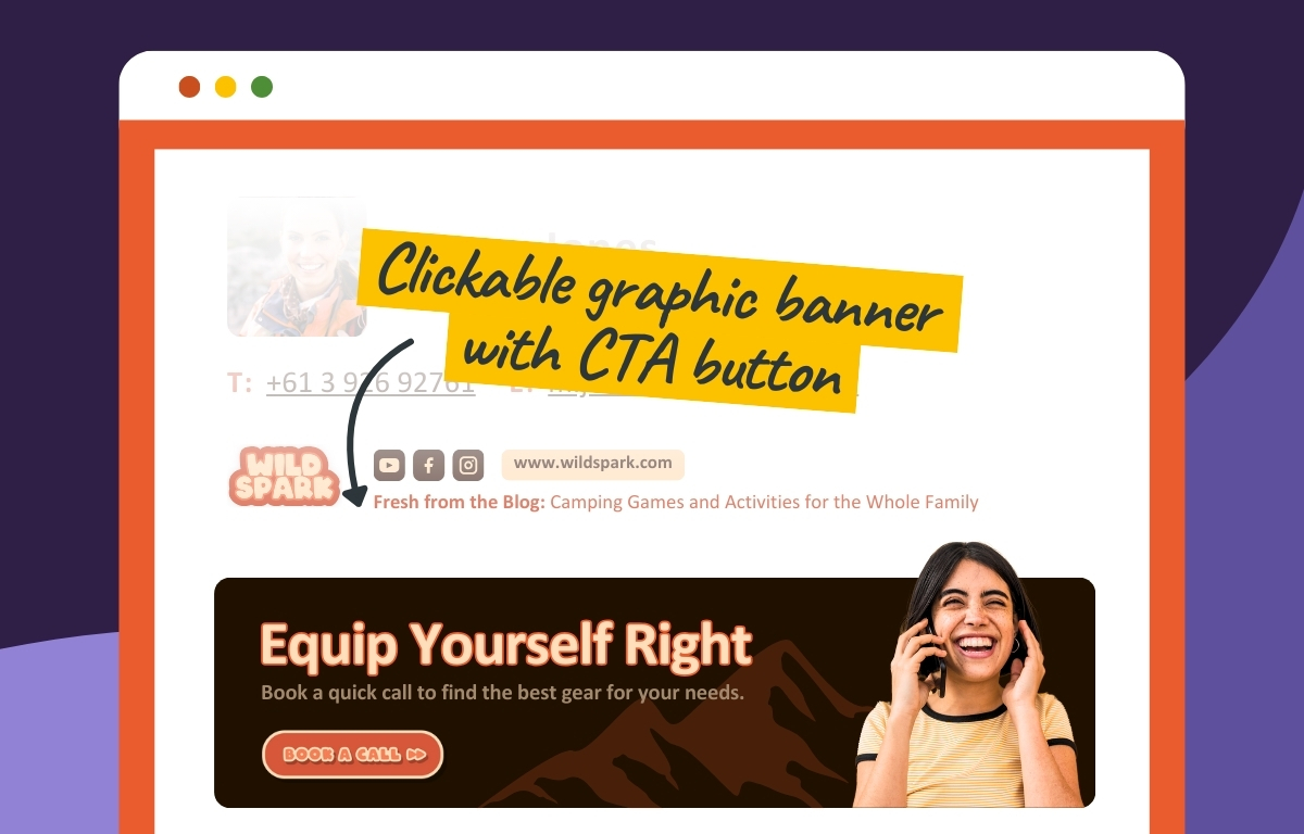 Create a clickable graphic banner with CTA button with custom email signature generator.