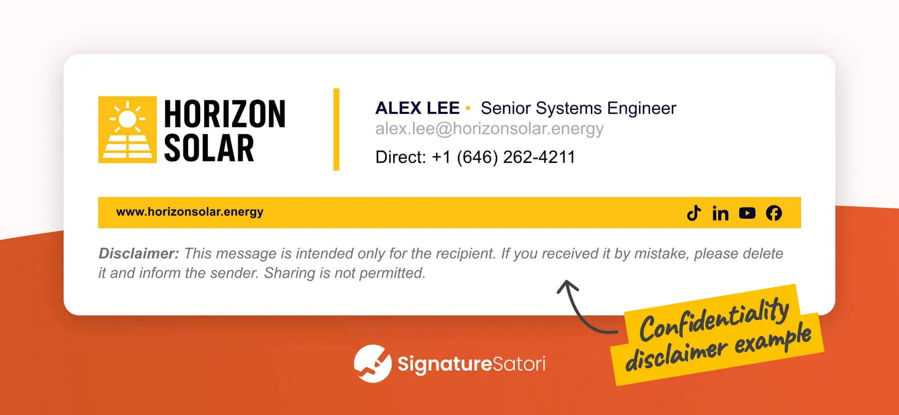 A standard confidentiality disclaimer message in an email signature positioned below the contact details