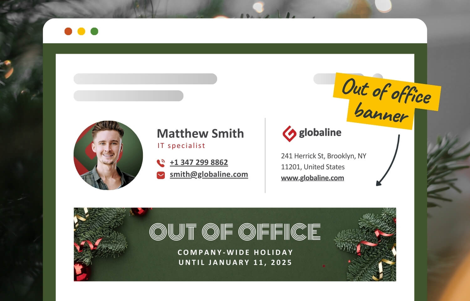 Example of a company email signature with an out-of-office holiday banner, made by an email signature generator.