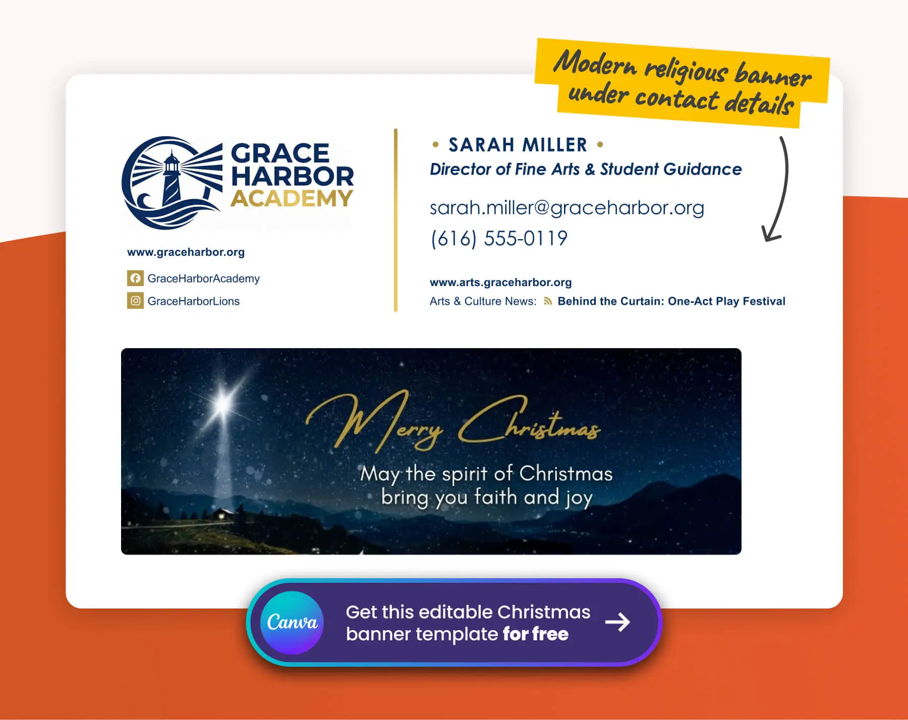 Example of a professional email signature with a religious Merry Christmas image and faith-based quote