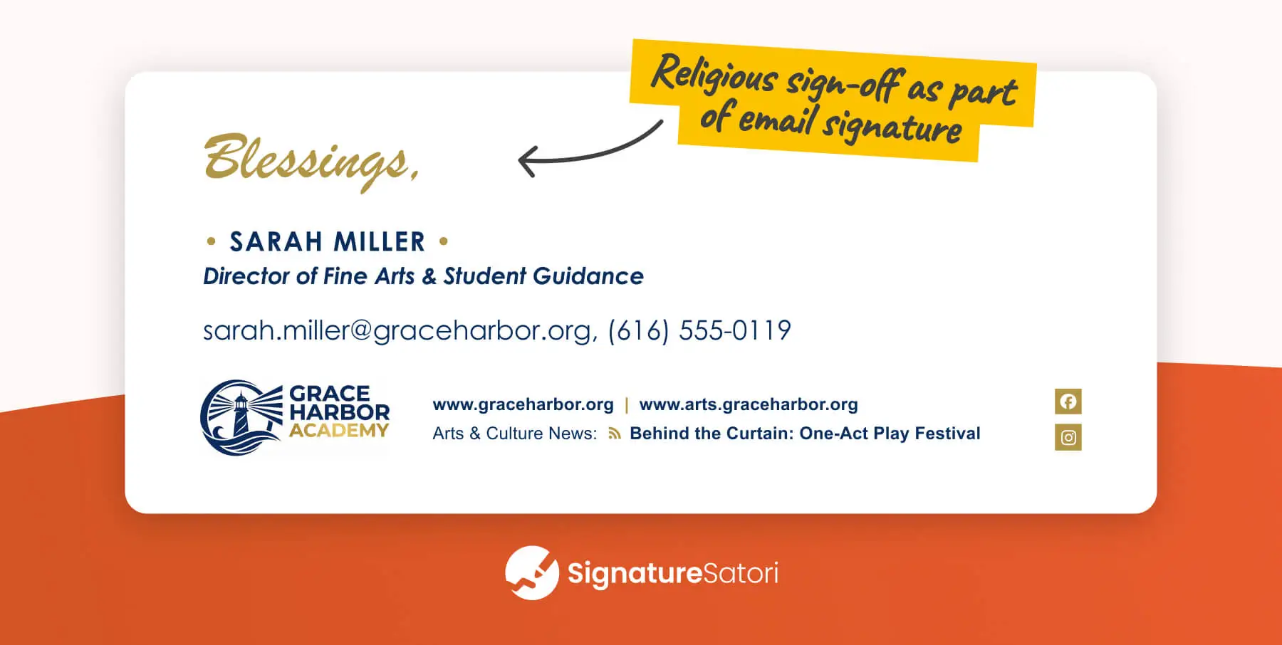 Example of a religious email sign-off 'Blessings' placed above the sender's name in an email signature