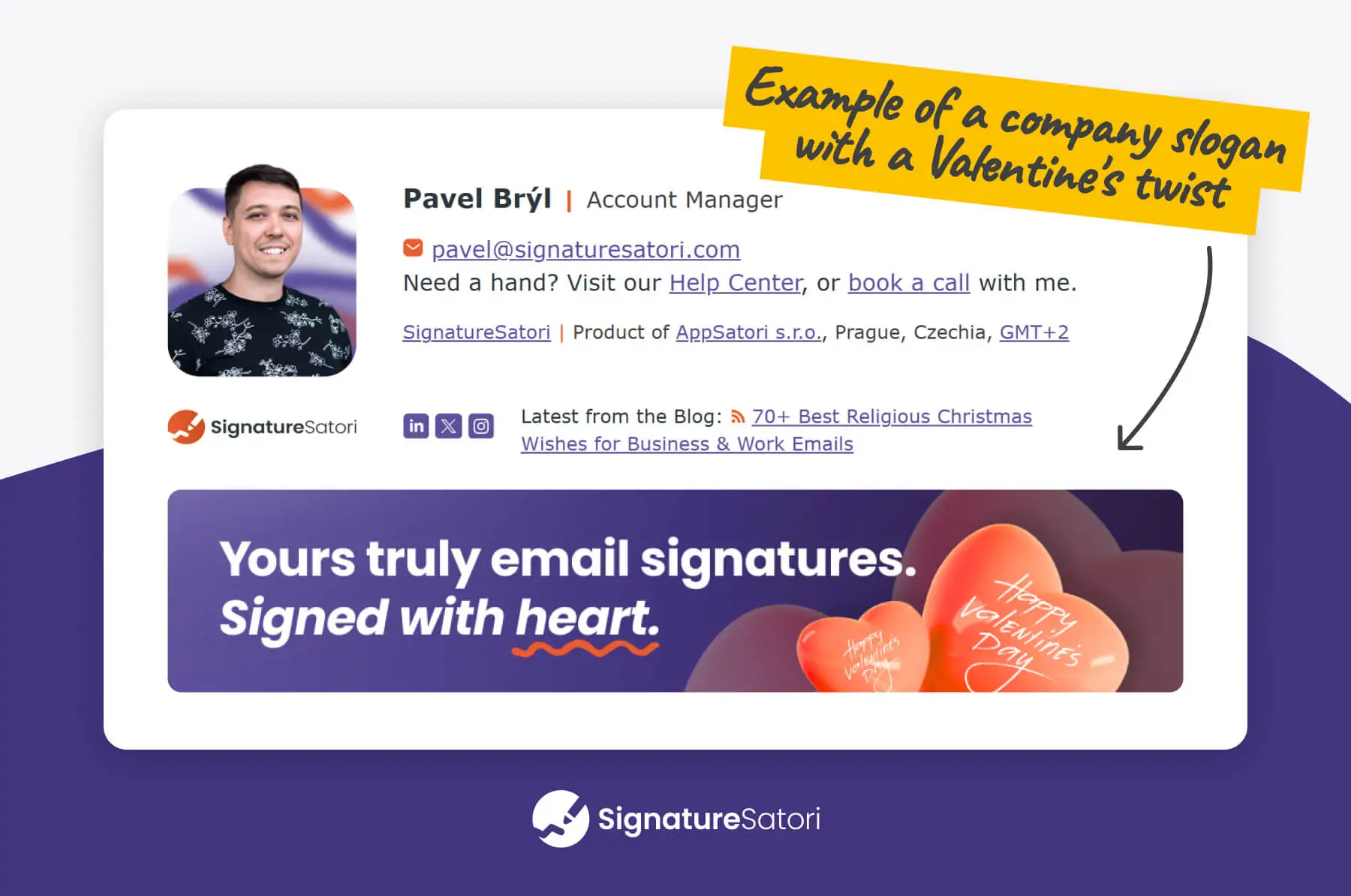 An example of valentine slogans for business featured on a SignatureSatori email signature banner