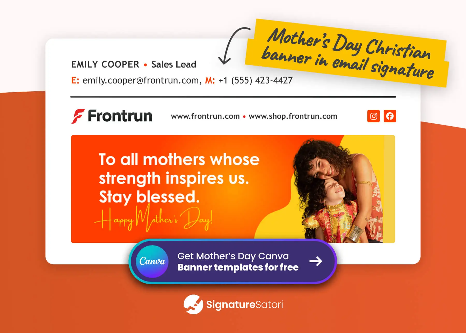 A happy Mother's Day email banner template with an inspiring blessing and a photo of a mother and child