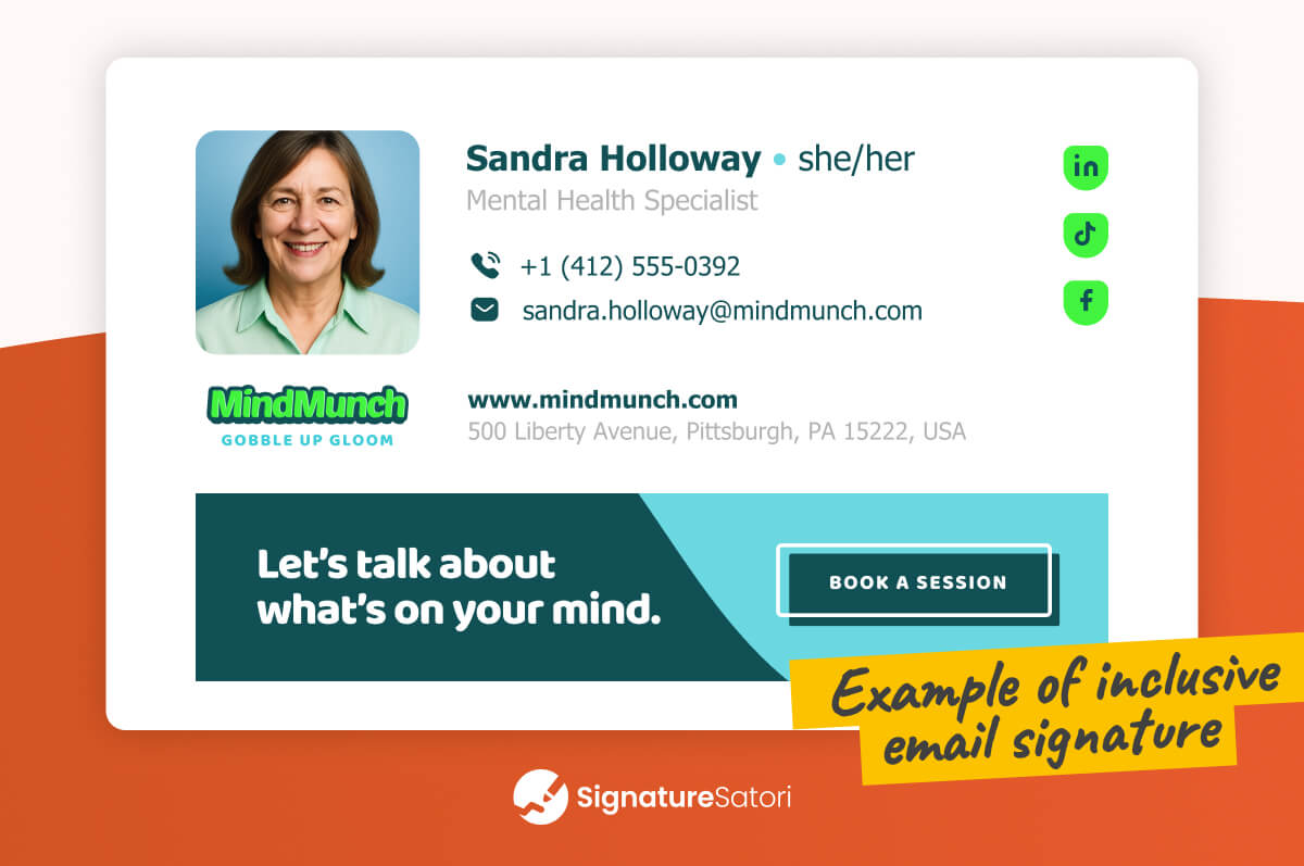 inclusive-email-signature-example-with-pronouns Example of inclusive email signature with gender pronouns, contact details, and professional title.
