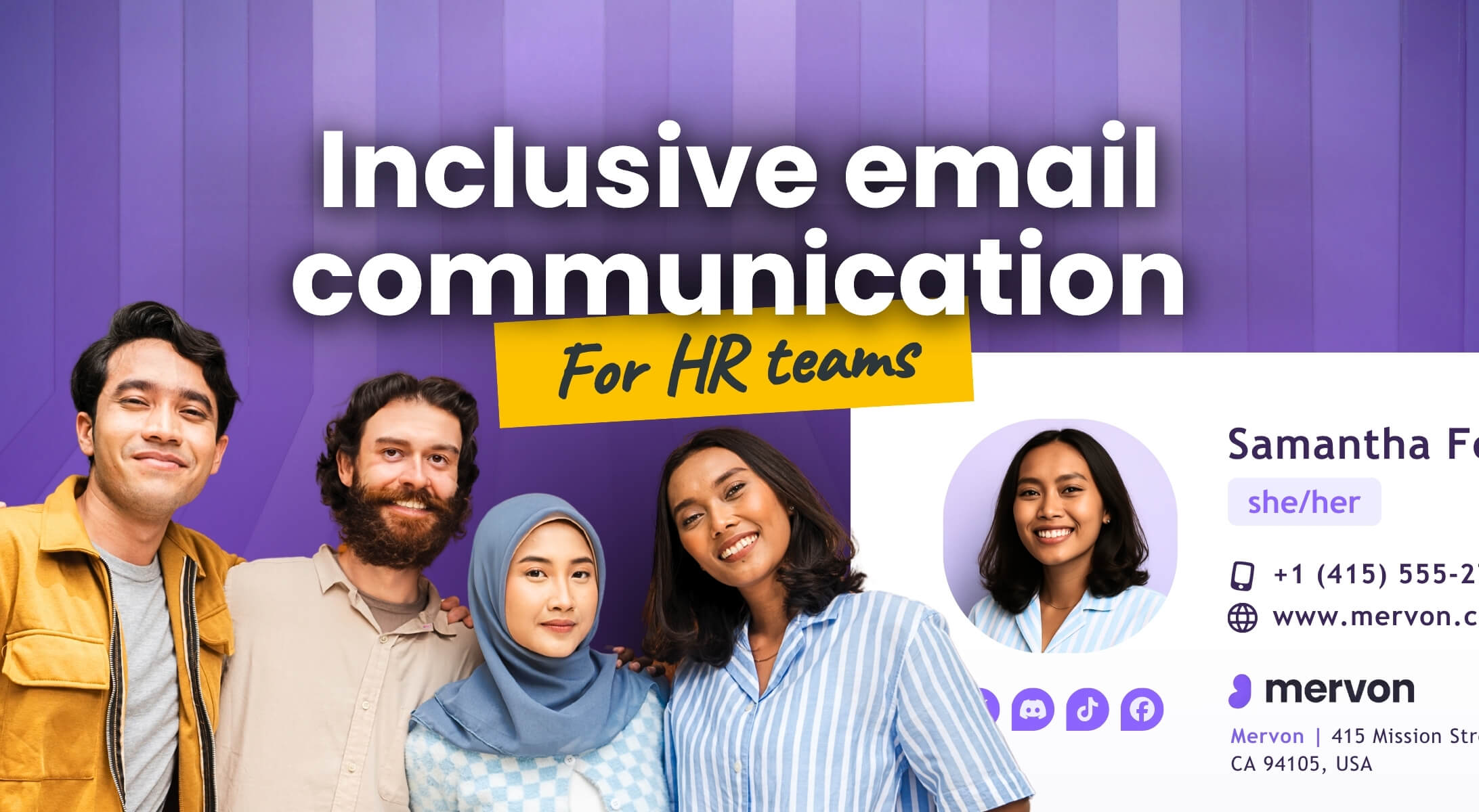Diverse HR team standing together next to an example of an inclusive email signature with pronouns