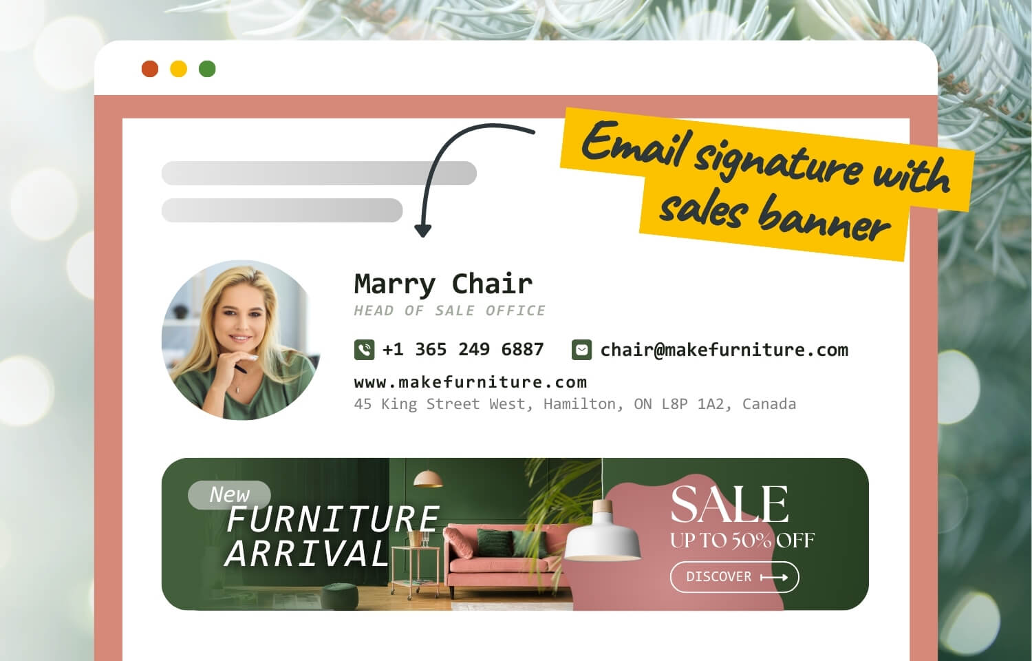 Professional email signature with a sales banner for a Gmail signature.