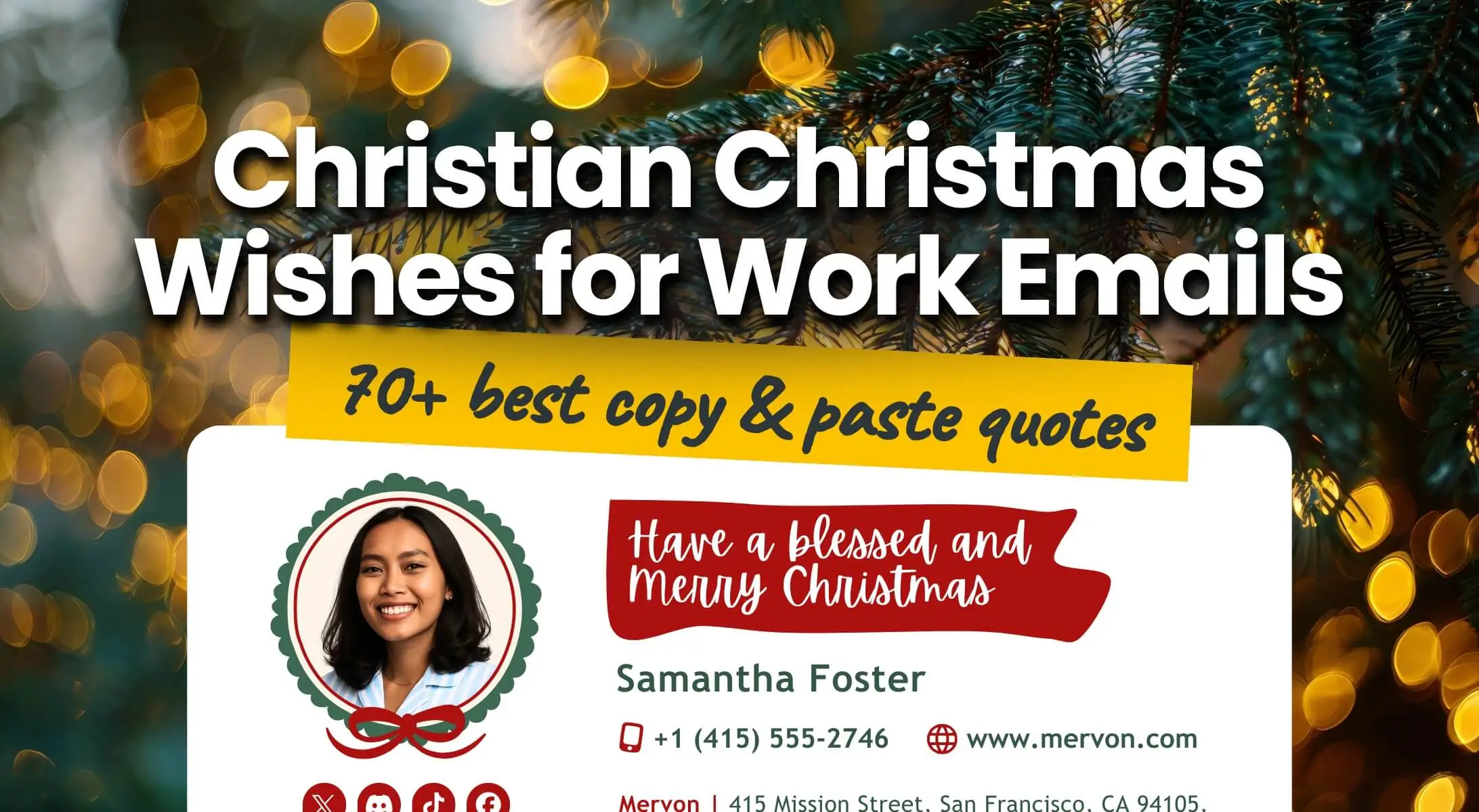 Blog cover showing religious Christmas wishes for work emails and 70+ best copy and paste quotes